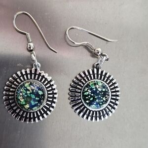 VINTAGE Colorful Druzy Cabs Silver Pierced Earrings